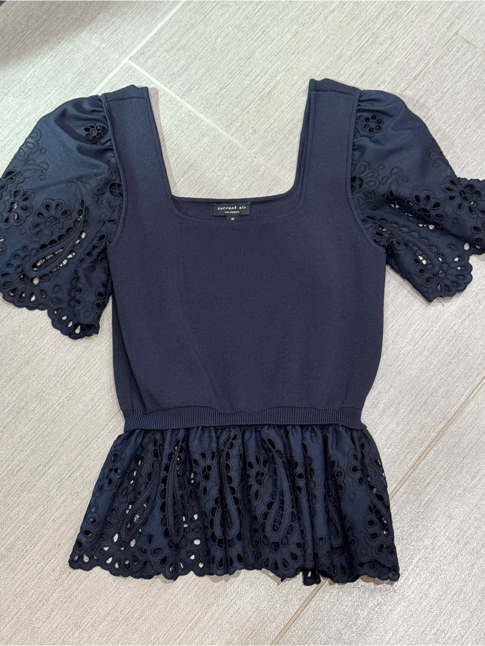 Current Air Navy Eyelet Peplum Square Neck Puff Sleeve Top